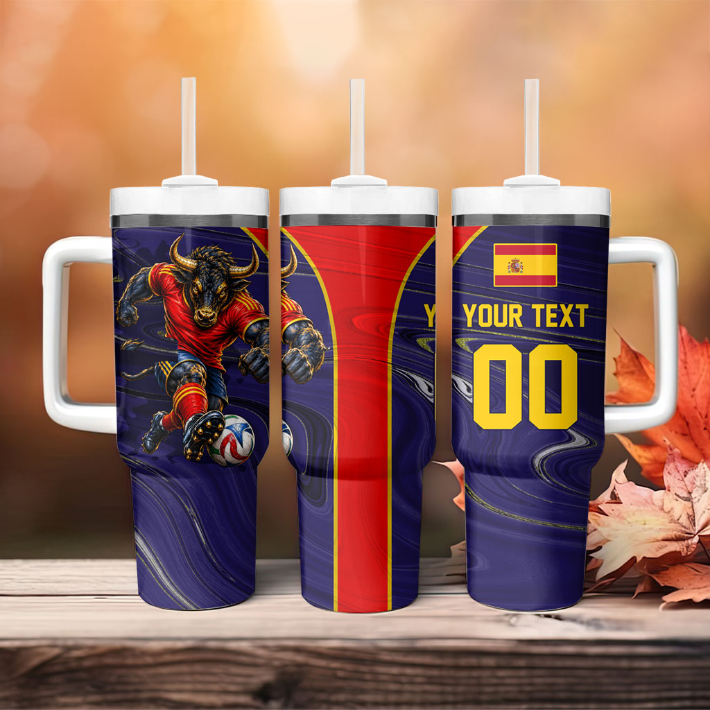 Personalized Spain Football Tumbler With Handle Fear the Bull Soccer Mascot Marble Art