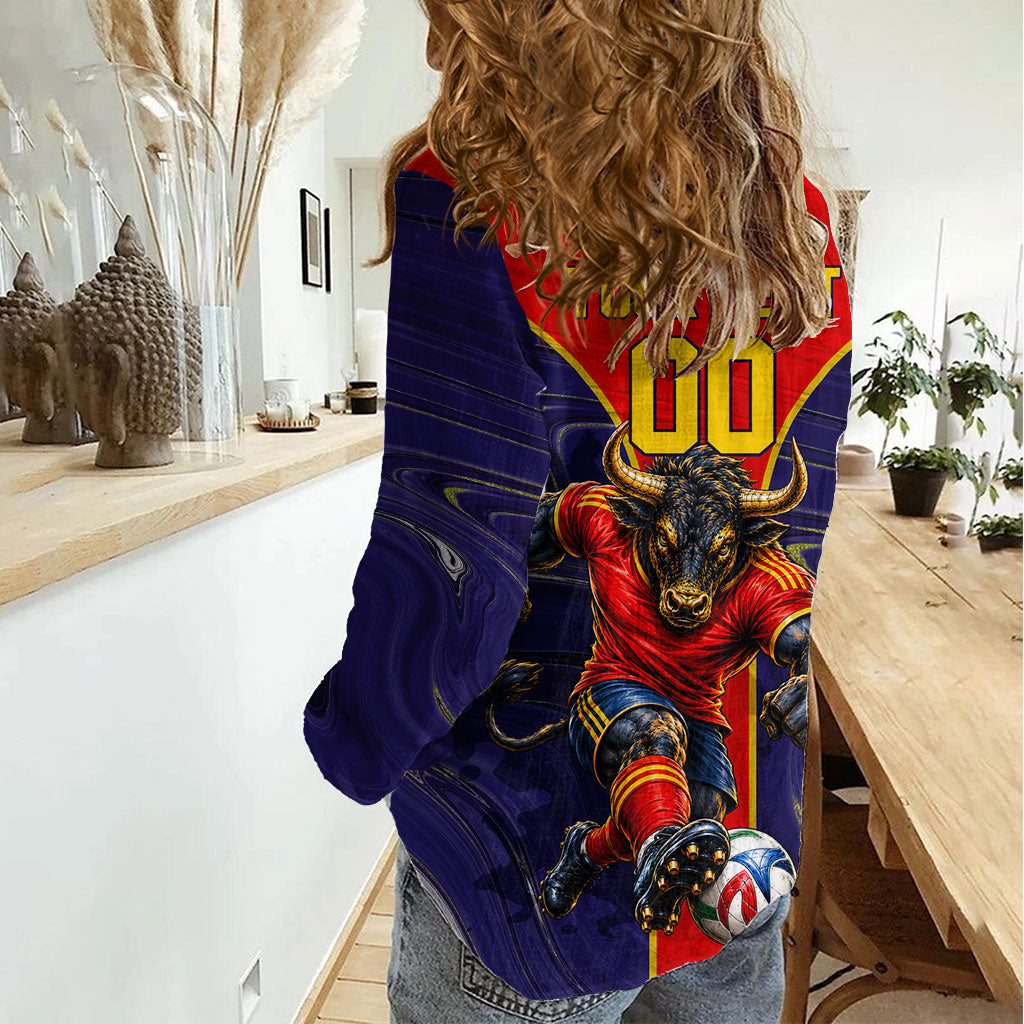 Personalized Spain Football Women Casual Shirt Fear the Bull Soccer Mascot Marble Art