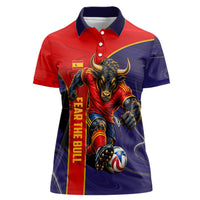 Personalized Spain Football Women Polo Shirt Fear the Bull Soccer Mascot Marble Art