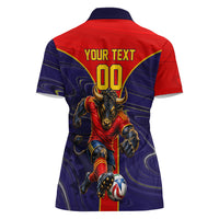 Personalized Spain Football Women Polo Shirt Fear the Bull Soccer Mascot Marble Art