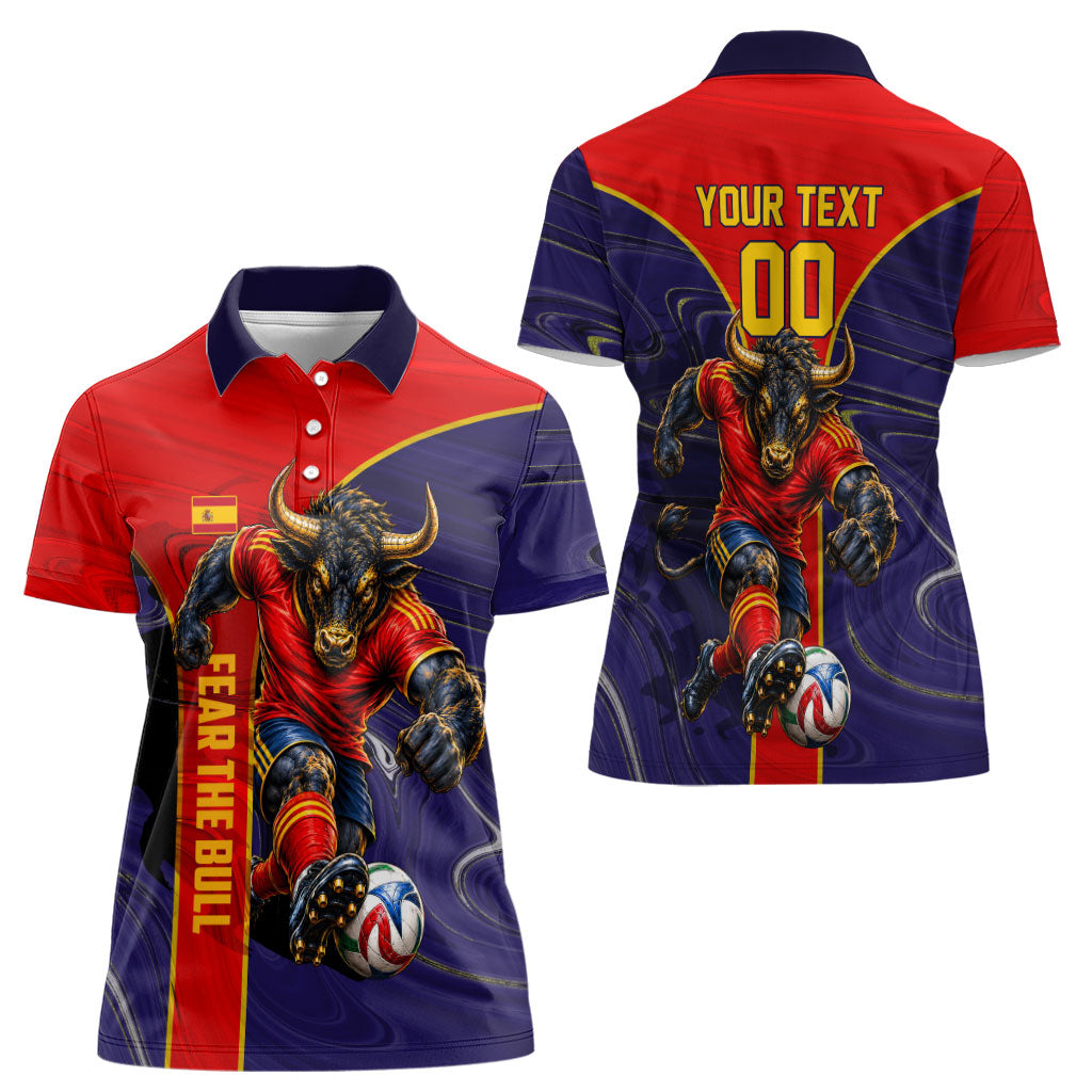 Personalized Spain Football Women Polo Shirt Fear the Bull Soccer Mascot Marble Art