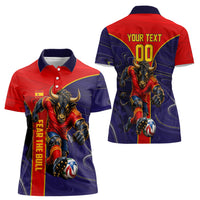 Personalized Spain Football Women Polo Shirt Fear the Bull Soccer Mascot Marble Art