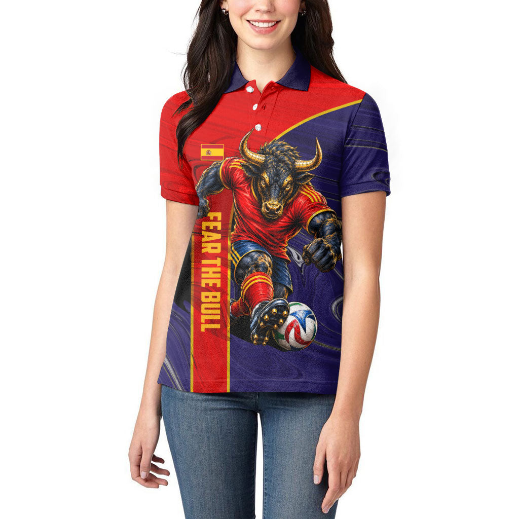 Personalized Spain Football Women Polo Shirt Fear the Bull Soccer Mascot Marble Art