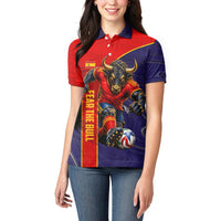 Personalized Spain Football Women Polo Shirt Fear the Bull Soccer Mascot Marble Art