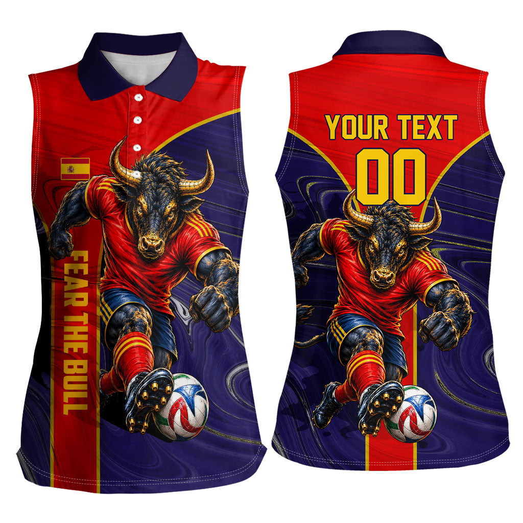 Personalized Spain Football Women Sleeveless Polo Shirt Fear the Bull Soccer Mascot Marble Art