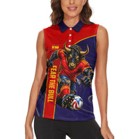 Personalized Spain Football Women Sleeveless Polo Shirt Fear the Bull Soccer Mascot Marble Art