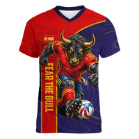 Personalized Spain Football Women V-Neck T-Shirt Fear the Bull Soccer Mascot Marble Art