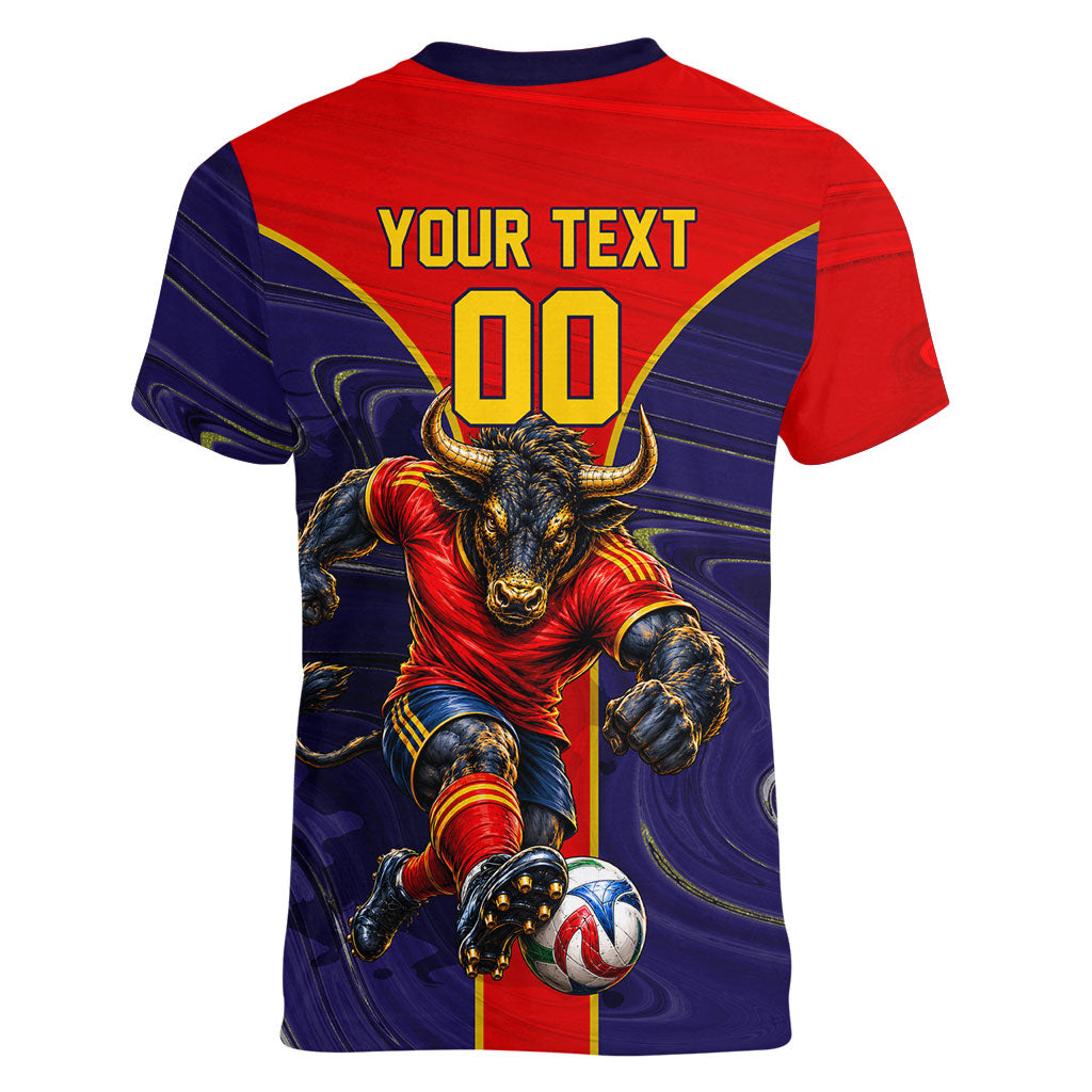 Personalized Spain Football Women V-Neck T-Shirt Fear the Bull Soccer Mascot Marble Art