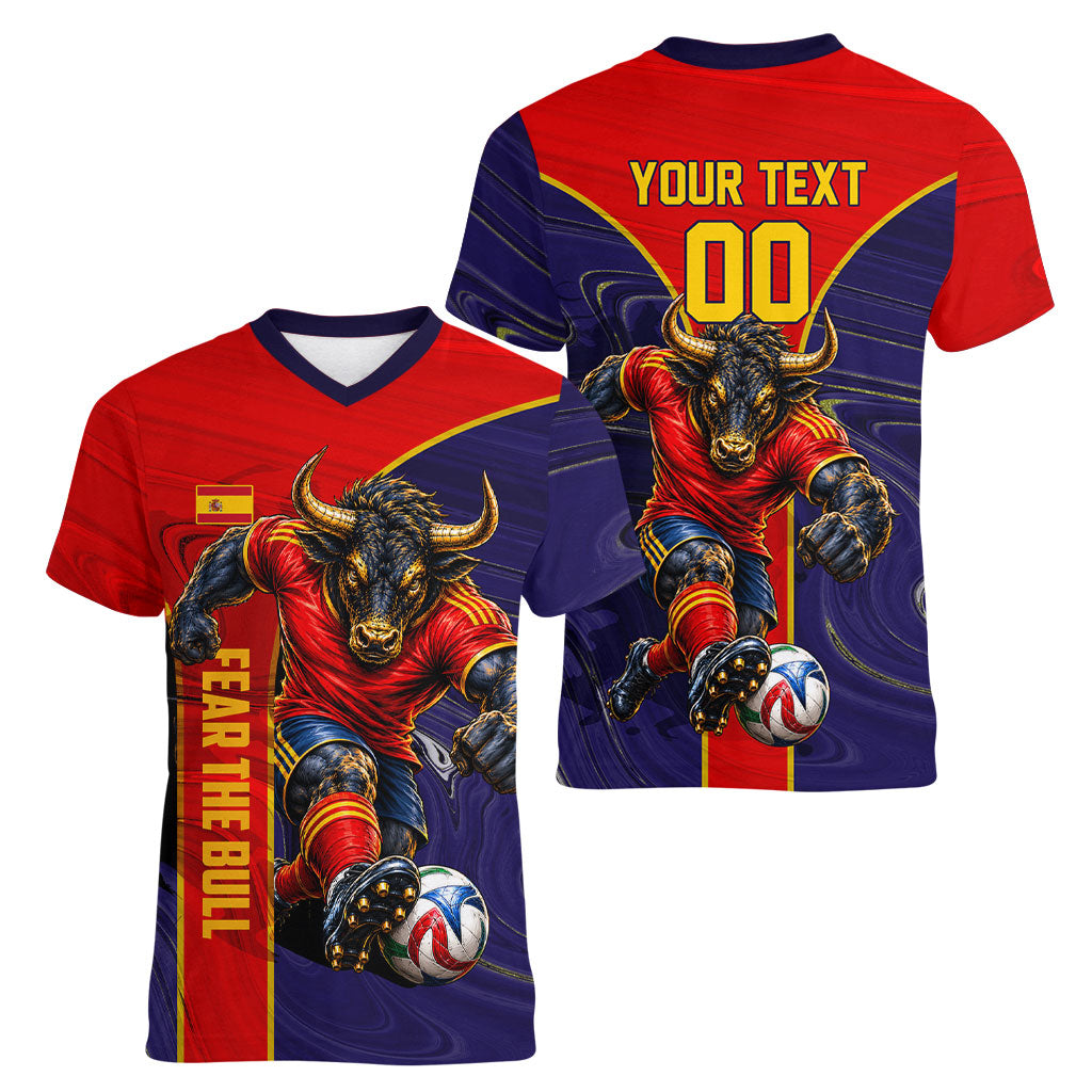 Personalized Spain Football Women V-Neck T-Shirt Fear the Bull Soccer Mascot Marble Art