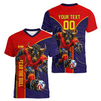 Personalized Spain Football Women V-Neck T-Shirt Fear the Bull Soccer Mascot Marble Art
