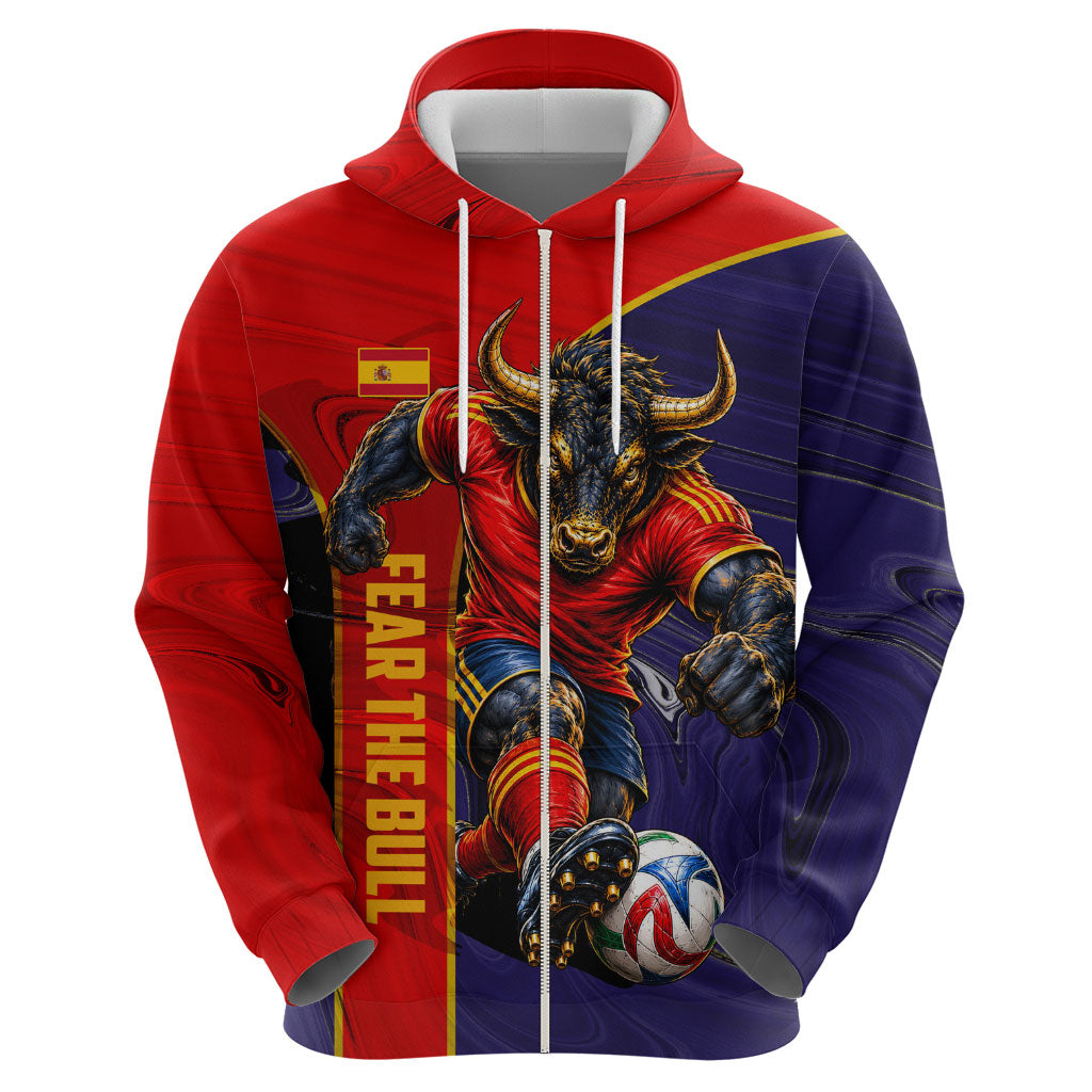 Personalized Spain Football Zip Hoodie Fear the Bull Soccer Mascot Marble Art