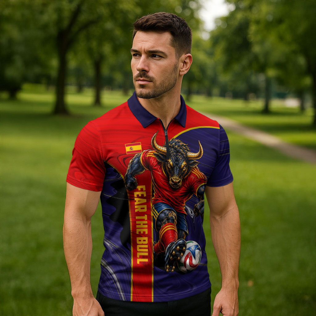 Personalized Spain Football Zipper Polo Shirt Fear the Bull Soccer Mascot Marble Art