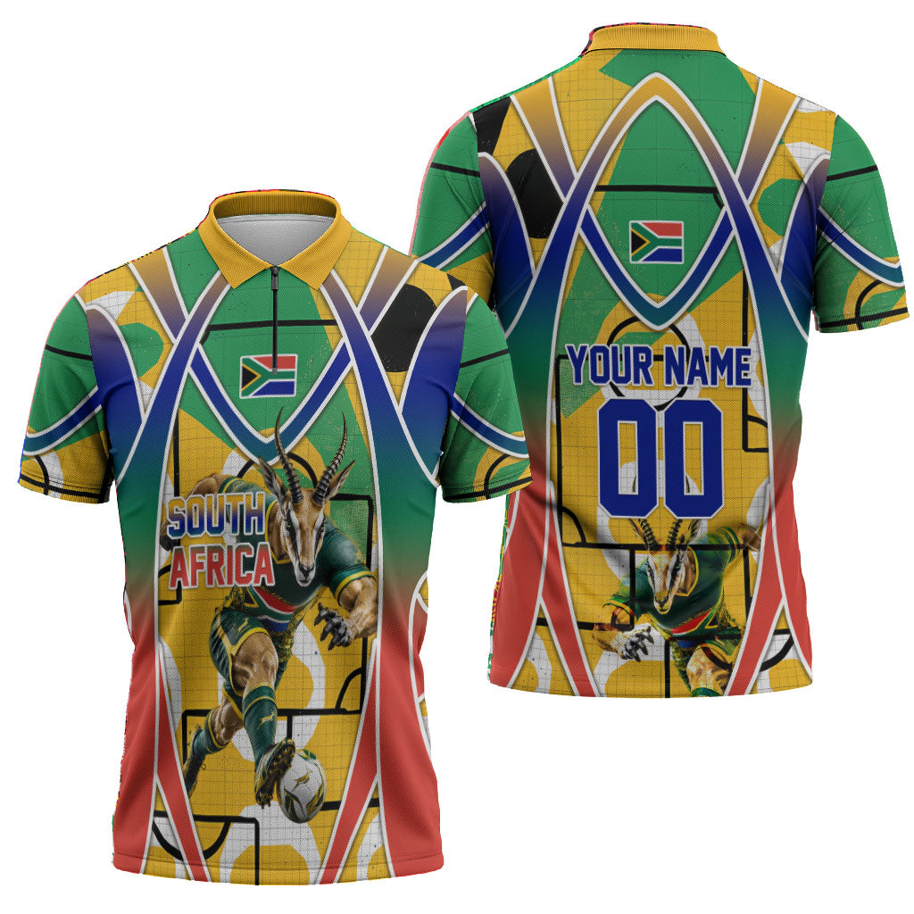 Personalized South Africa Football Springbok Zipper Polo Shirt Bafana Bafana Rainbow Nation Flag Colors