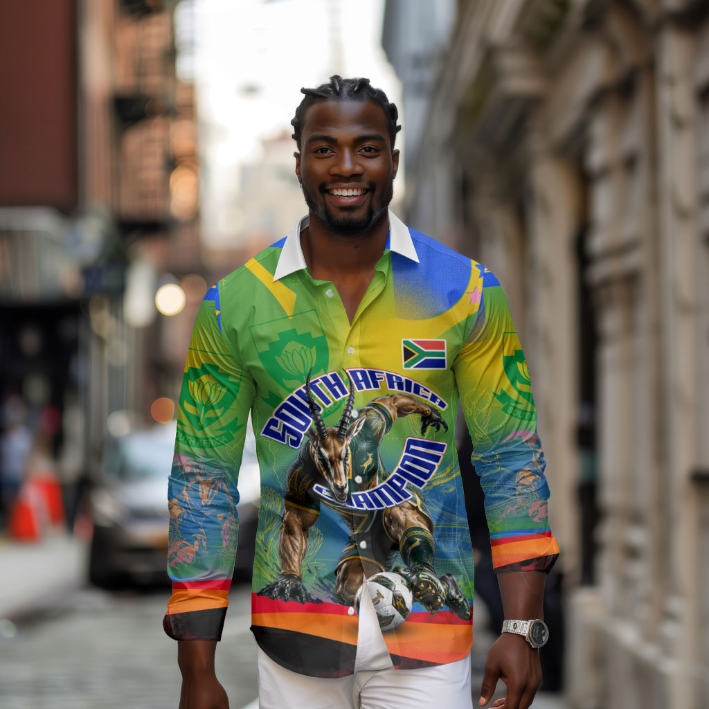 Personalized South Africa Football Long Sleeve Button Shirt Springbok Champion Soccer Mascot Protea