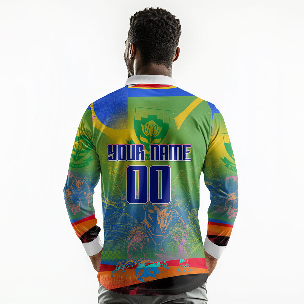 Personalized South Africa Football Long Sleeve Polo Shirt Springbok Champion Soccer Mascot Protea