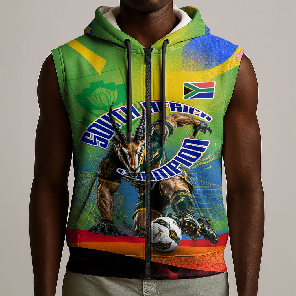 Personalized South Africa Football Sleeveless Zip Hoodie Springbok Champion Soccer Mascot Protea