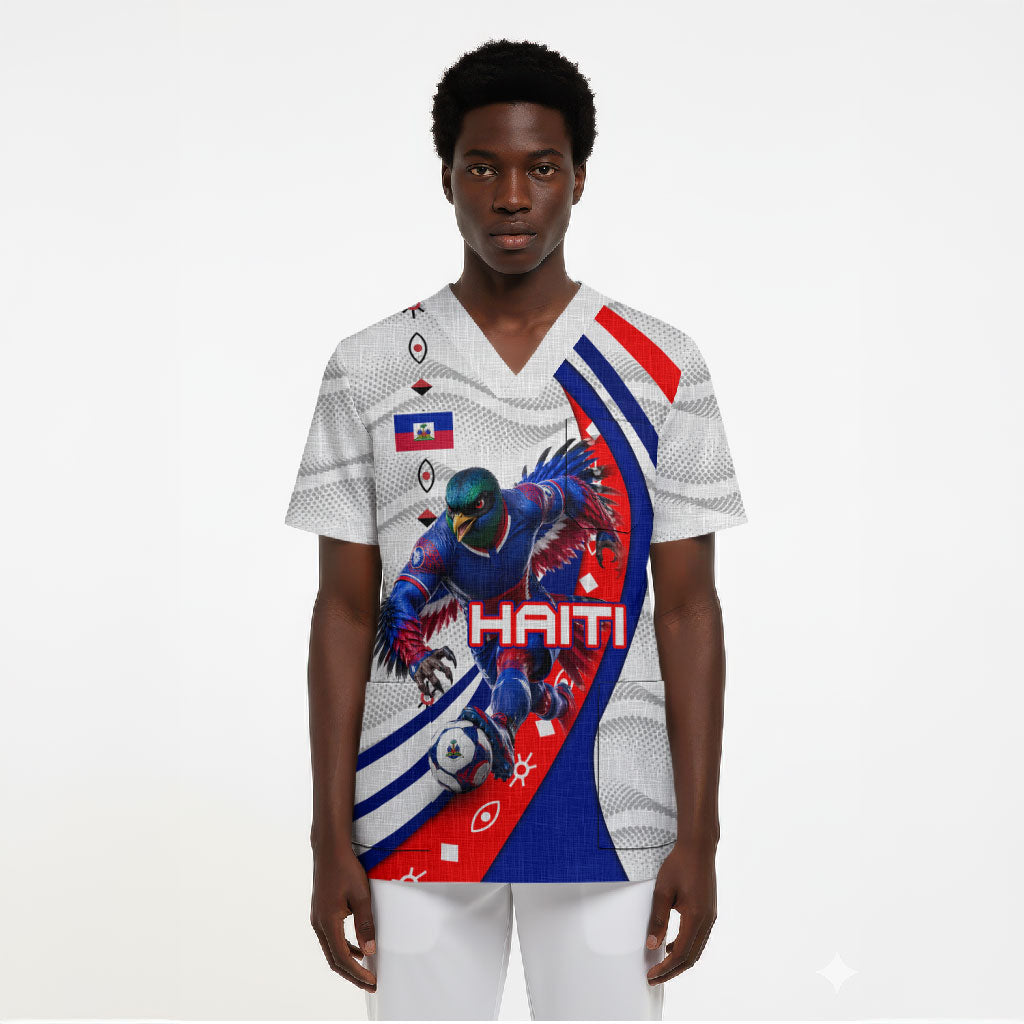 Personalized Haiti Football Trogon Bird Scrub Top Les Grenadiers National Flag Art Caribbean
