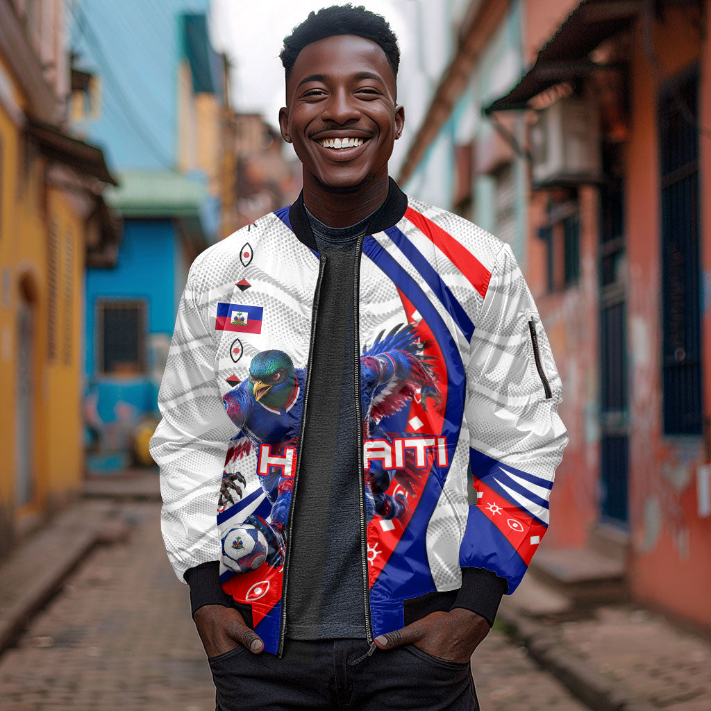Personalized Haiti Football Trogon Bird Sleeve Zip Bomber Jacket Les Grenadiers National Flag Art Caribbean
