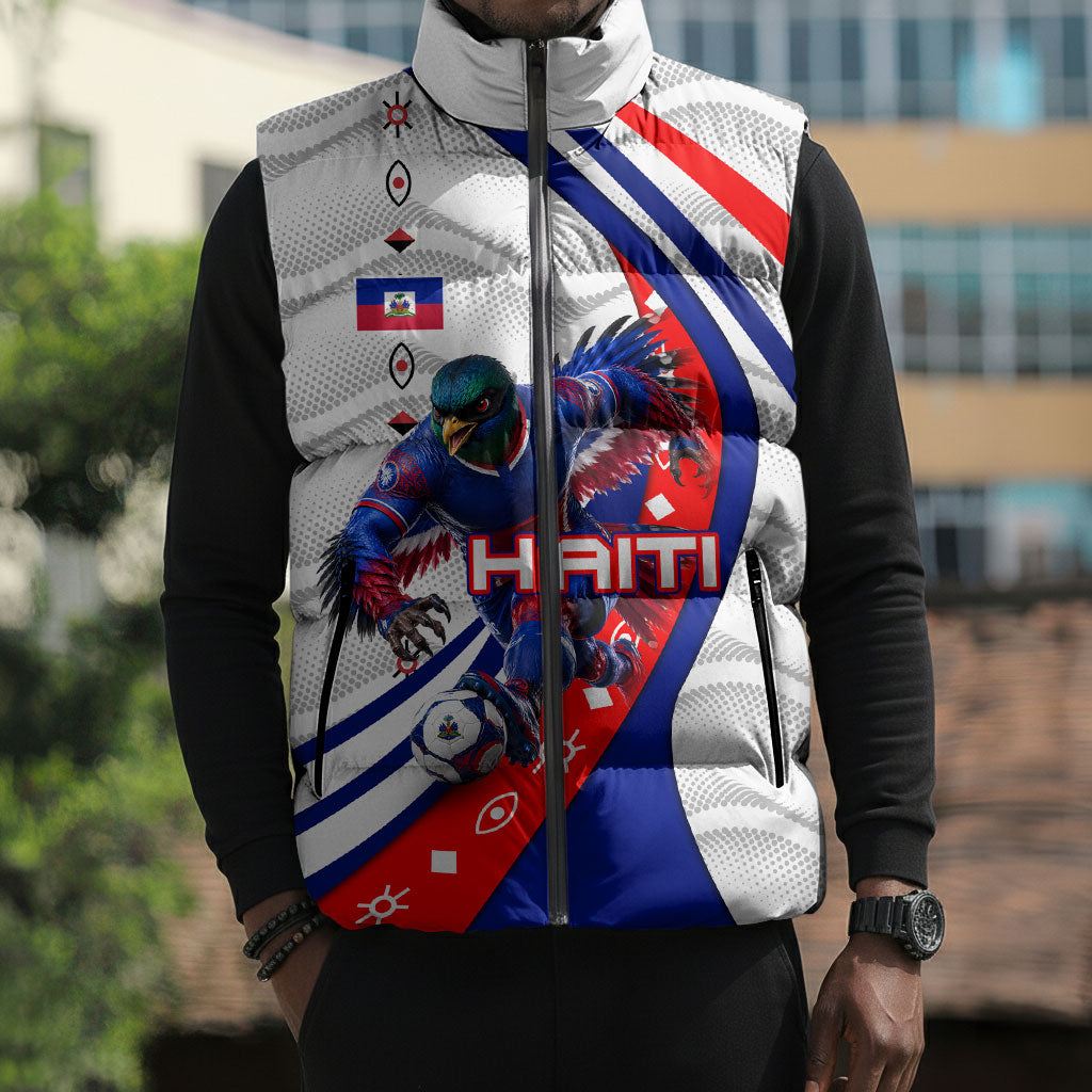 Personalized Haiti Football Trogon Bird Sleeveless Puffer Jacket Les Grenadiers National Flag Art Caribbean