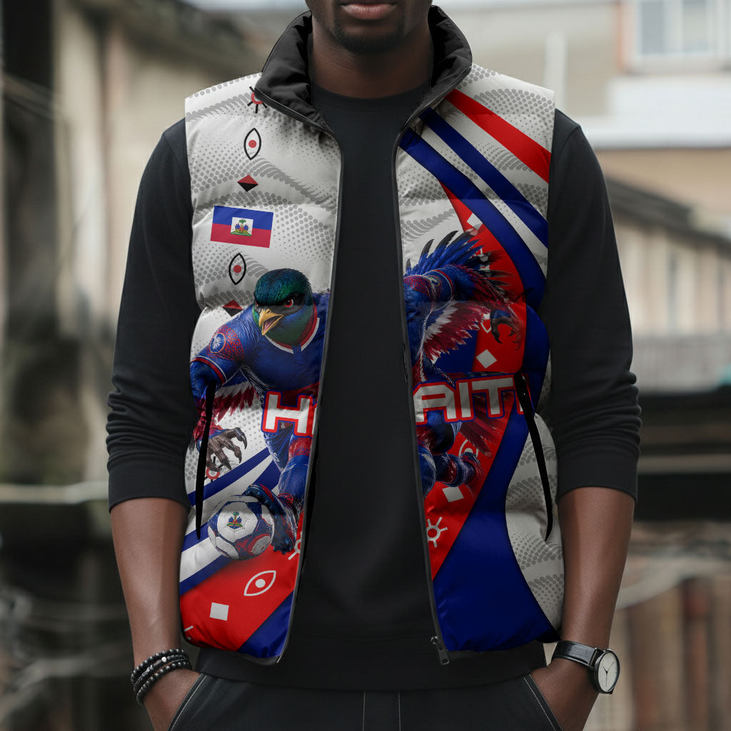 Personalized Haiti Football Trogon Bird Sleeveless Puffer Jacket Les Grenadiers National Flag Art Caribbean