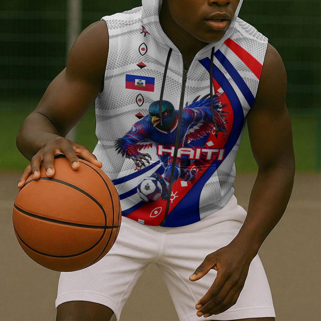 Personalized Haiti Football Trogon Bird Sleeveless Zip Hoodie Les Grenadiers National Flag Art Caribbean