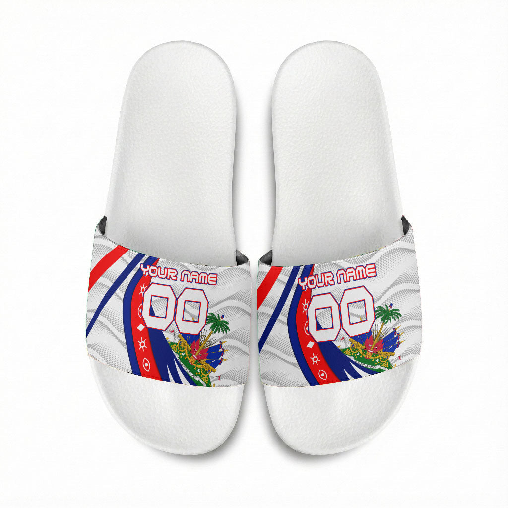 Personalized Haiti Football Trogon Bird Slide Sandals Les Grenadiers National Flag Art Caribbean
