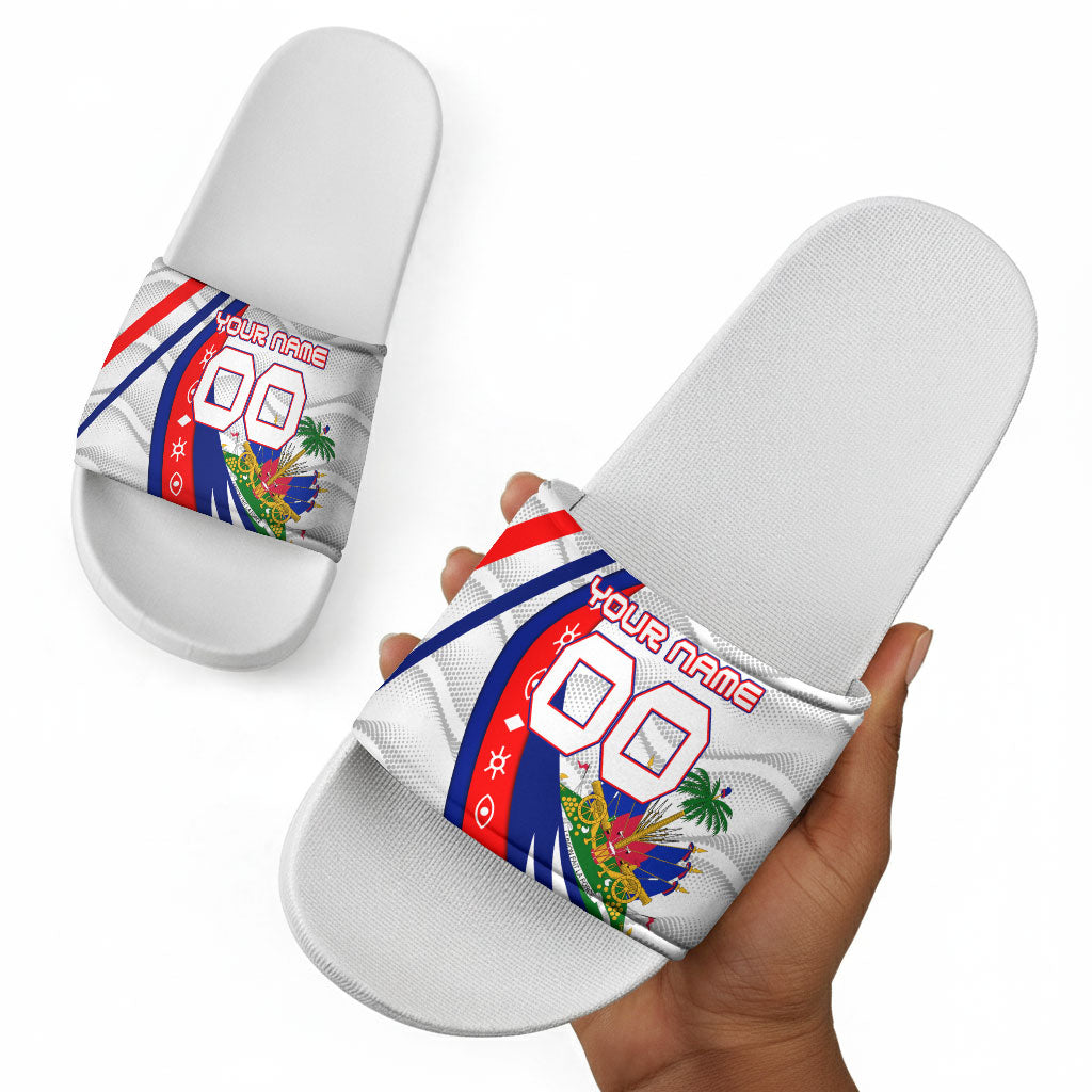 Personalized Haiti Football Trogon Bird Slide Sandals Les Grenadiers National Flag Art Caribbean