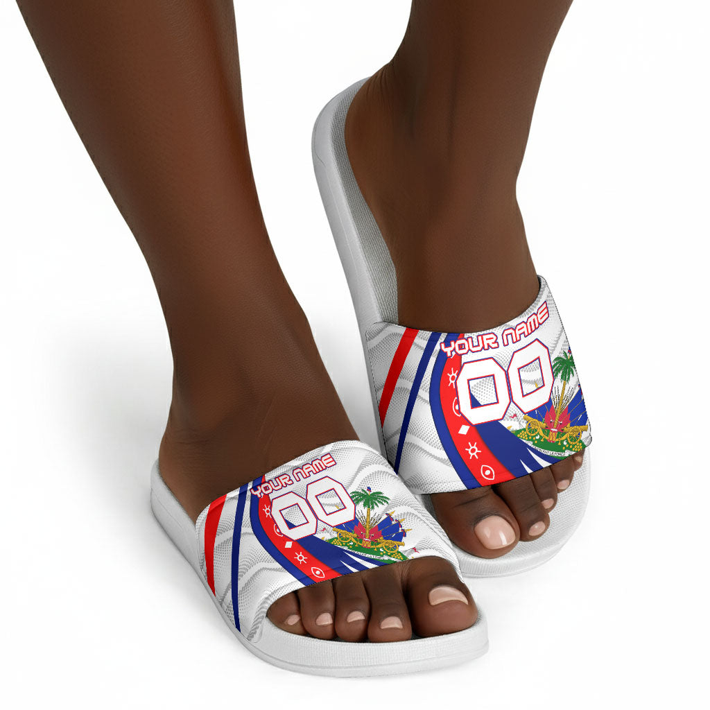 Personalized Haiti Football Trogon Bird Slide Sandals Les Grenadiers National Flag Art Caribbean
