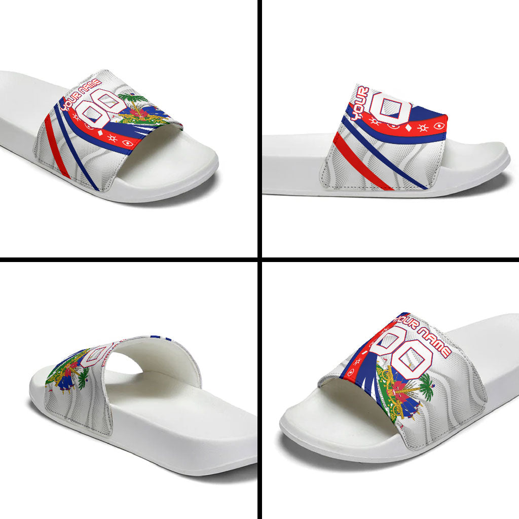 Personalized Haiti Football Trogon Bird Slide Sandals Les Grenadiers National Flag Art Caribbean