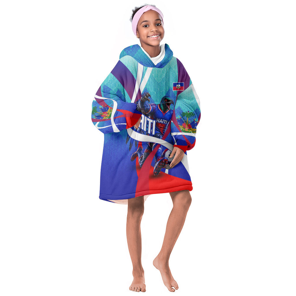 Personalized Haiti Football Kid Wearable Blanket Hoodie Haitian Flag Trogon Bird Mascot