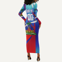 Personalized Haiti Football Long Sleeve Bodycon Dress Haitian Flag Trogon Bird Mascot