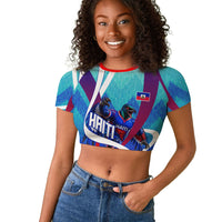 Personalized Haiti Football Raglan Cropped T shirt Haitian Flag Trogon Bird Mascot