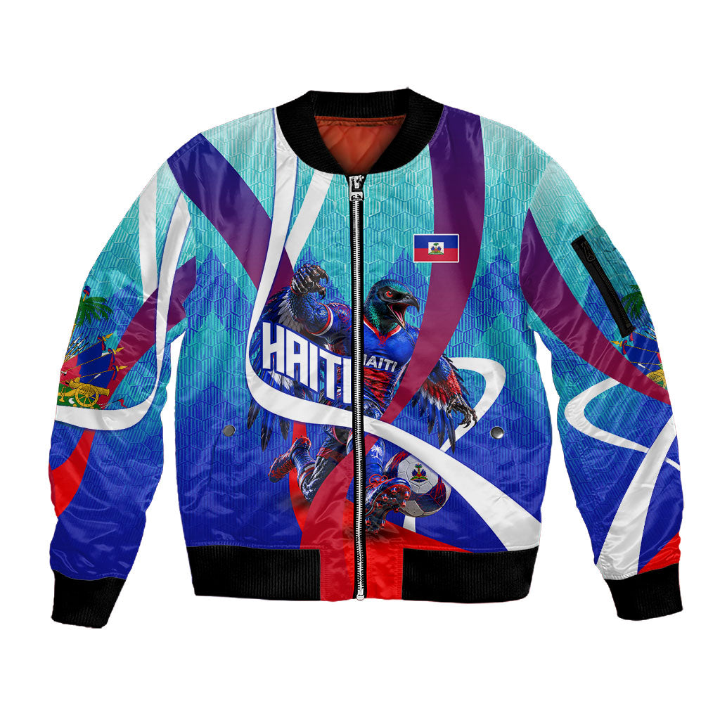 Personalized Haiti Football Sleeve Zip Bomber Jacket Haitian Flag Trogon Bird Mascot