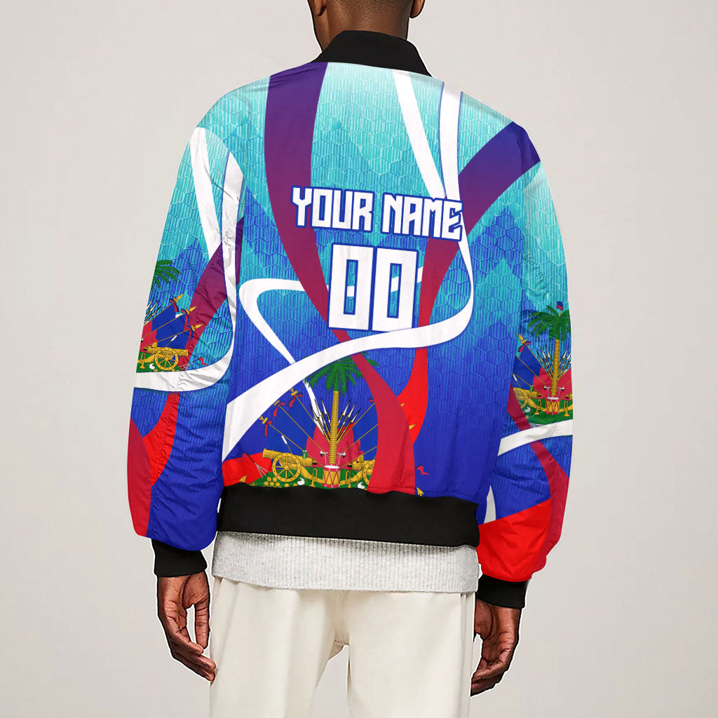 Personalized Haiti Football Sleeve Zip Bomber Jacket Haitian Flag Trogon Bird Mascot