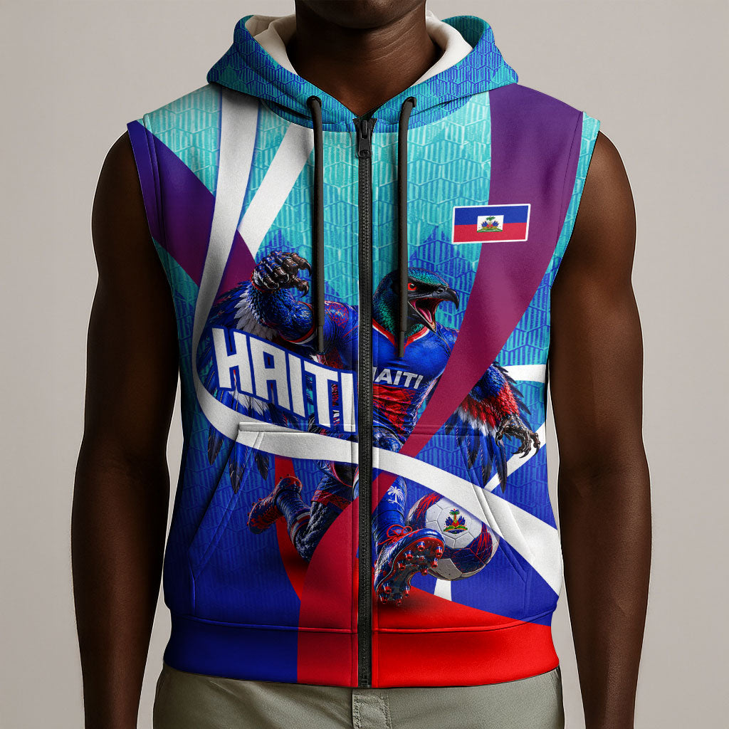 Personalized Haiti Football Sleeveless Zip Hoodie Haitian Flag Trogon Bird Mascot