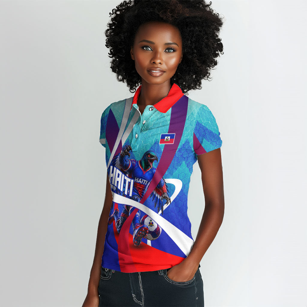 Personalized Haiti Football Women Polo Shirt Haitian Flag Trogon Bird Mascot