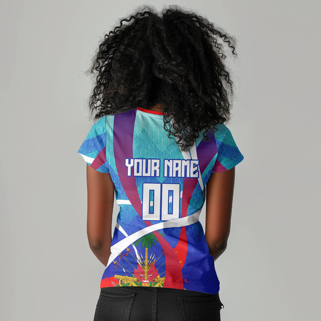 Personalized Haiti Football Women V-Neck T-Shirt Haitian Flag Trogon Bird Mascot
