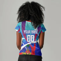 Personalized Haiti Football Women V-Neck T-Shirt Haitian Flag Trogon Bird Mascot