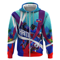 Personalized Haiti Football Zip Hoodie Haitian Flag Trogon Bird Mascot