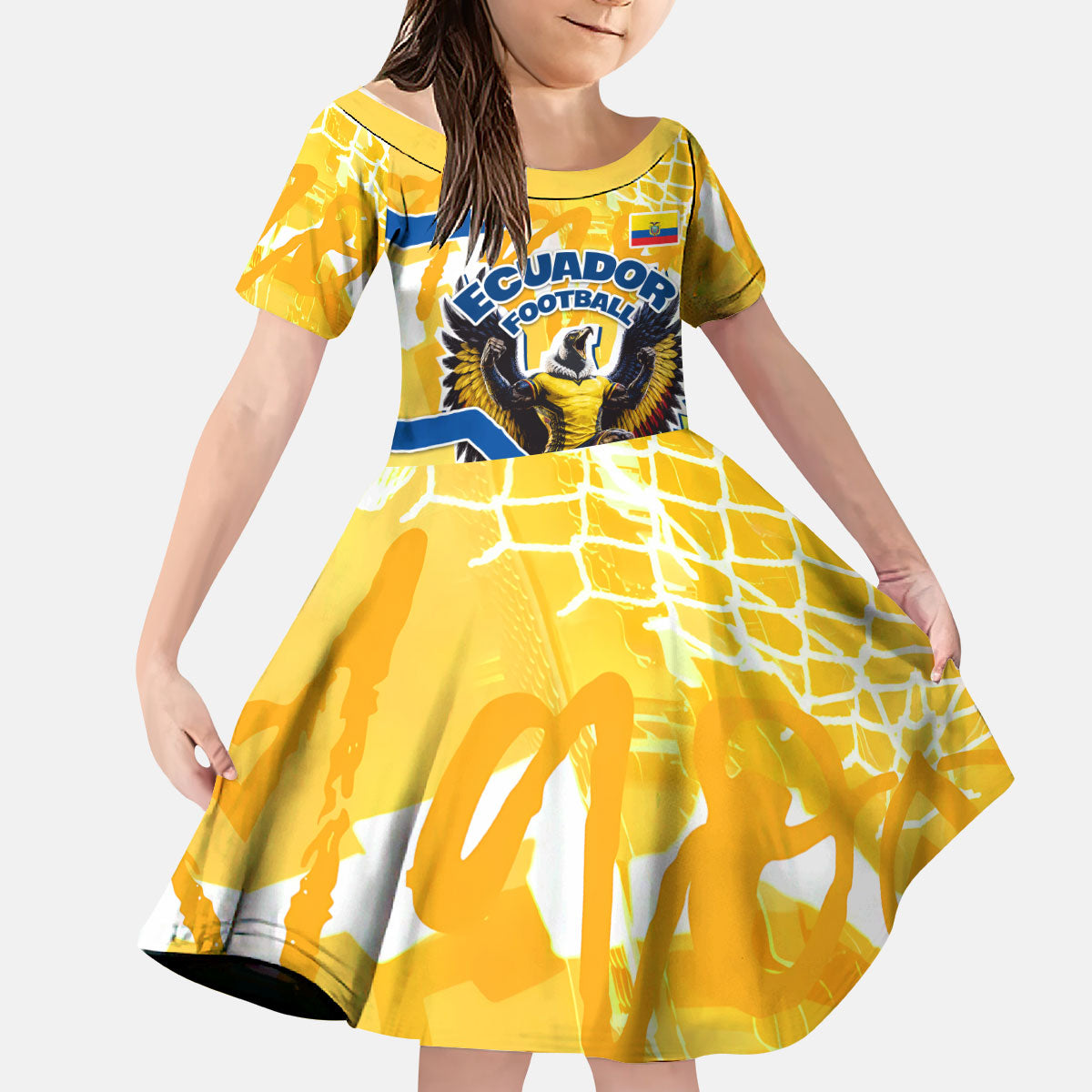 Personalized Ecuador Football Condor Mascot Kid Short Sleeve Dress Golden Wings of La Tri
