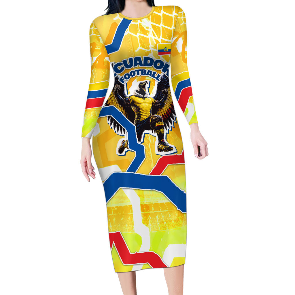 Personalized Ecuador Football Condor Mascot Long Sleeve Bodycon Dress Golden Wings of La Tri