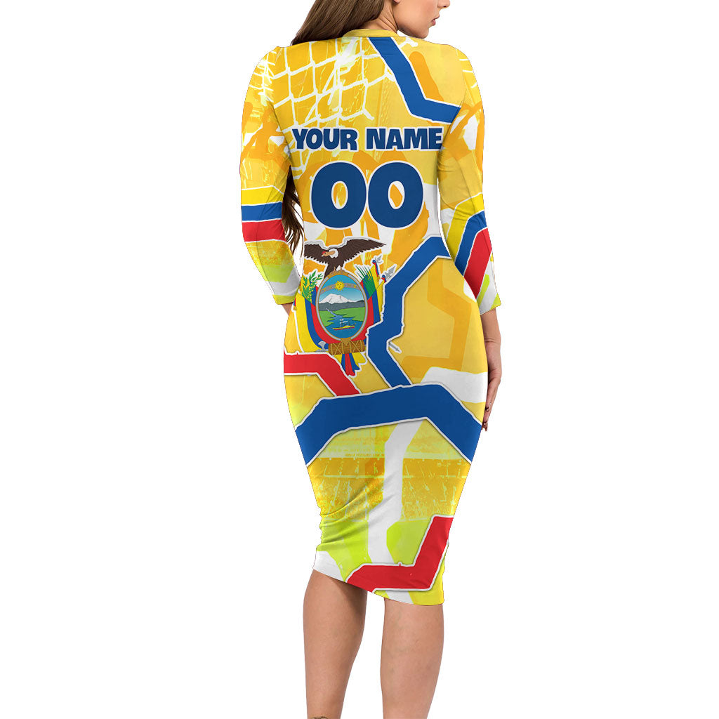 Personalized Ecuador Football Condor Mascot Long Sleeve Bodycon Dress Golden Wings of La Tri