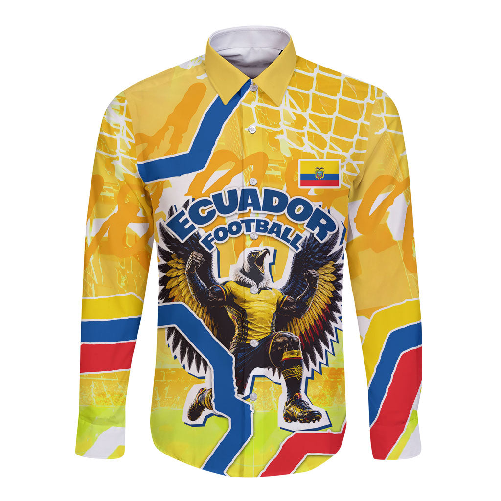 Personalized Ecuador Football Condor Mascot Long Sleeve Button Shirt Golden Wings of La Tri