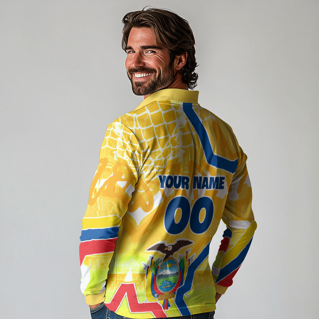 Personalized Ecuador Football Condor Mascot Long Sleeve Polo Shirt Golden Wings of La Tri