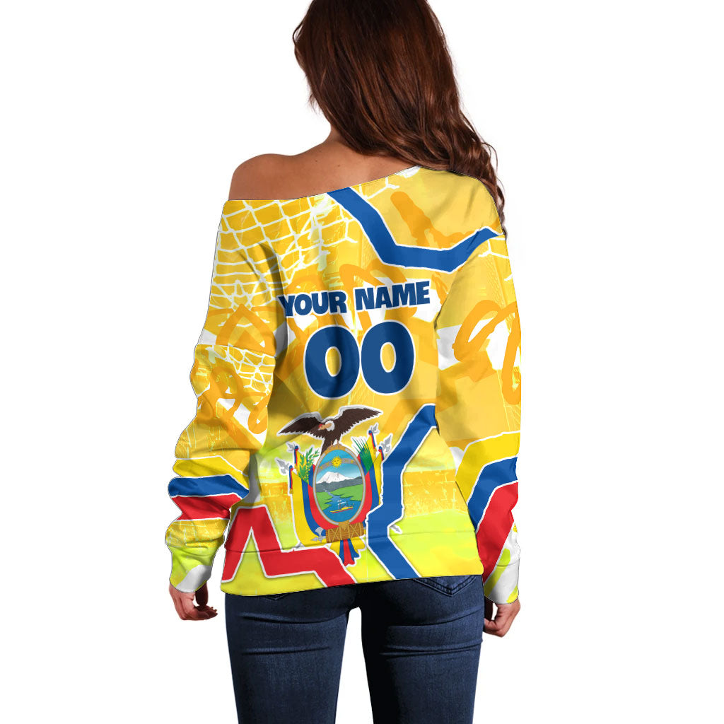 Personalized Ecuador Football Condor Mascot Off Shoulder Sweater Golden Wings of La Tri