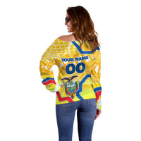 Personalized Ecuador Football Condor Mascot Off Shoulder Sweater Golden Wings of La Tri