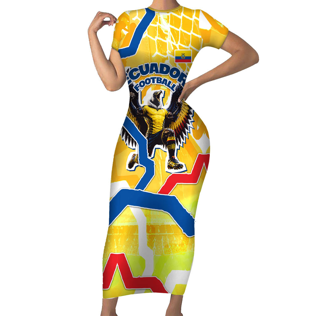 Personalized Ecuador Football Condor Mascot Short Sleeve Bodycon Dress Golden Wings of La Tri