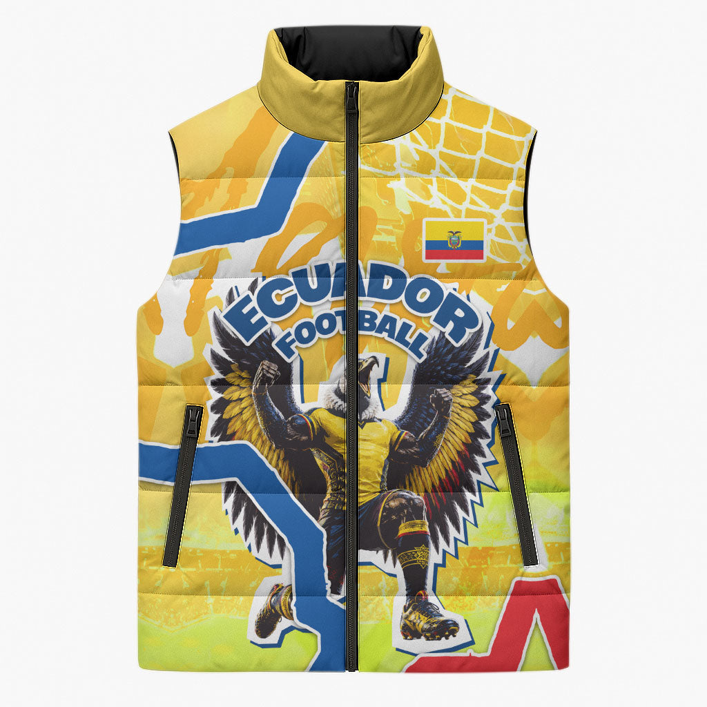 Personalized Ecuador Football Condor Mascot Sleeveless Puffer Jacket Golden Wings of La Tri