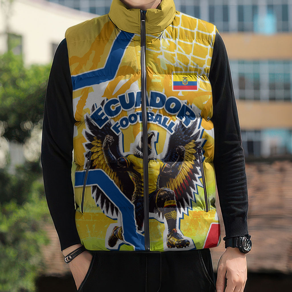 Personalized Ecuador Football Condor Mascot Sleeveless Puffer Jacket Golden Wings of La Tri