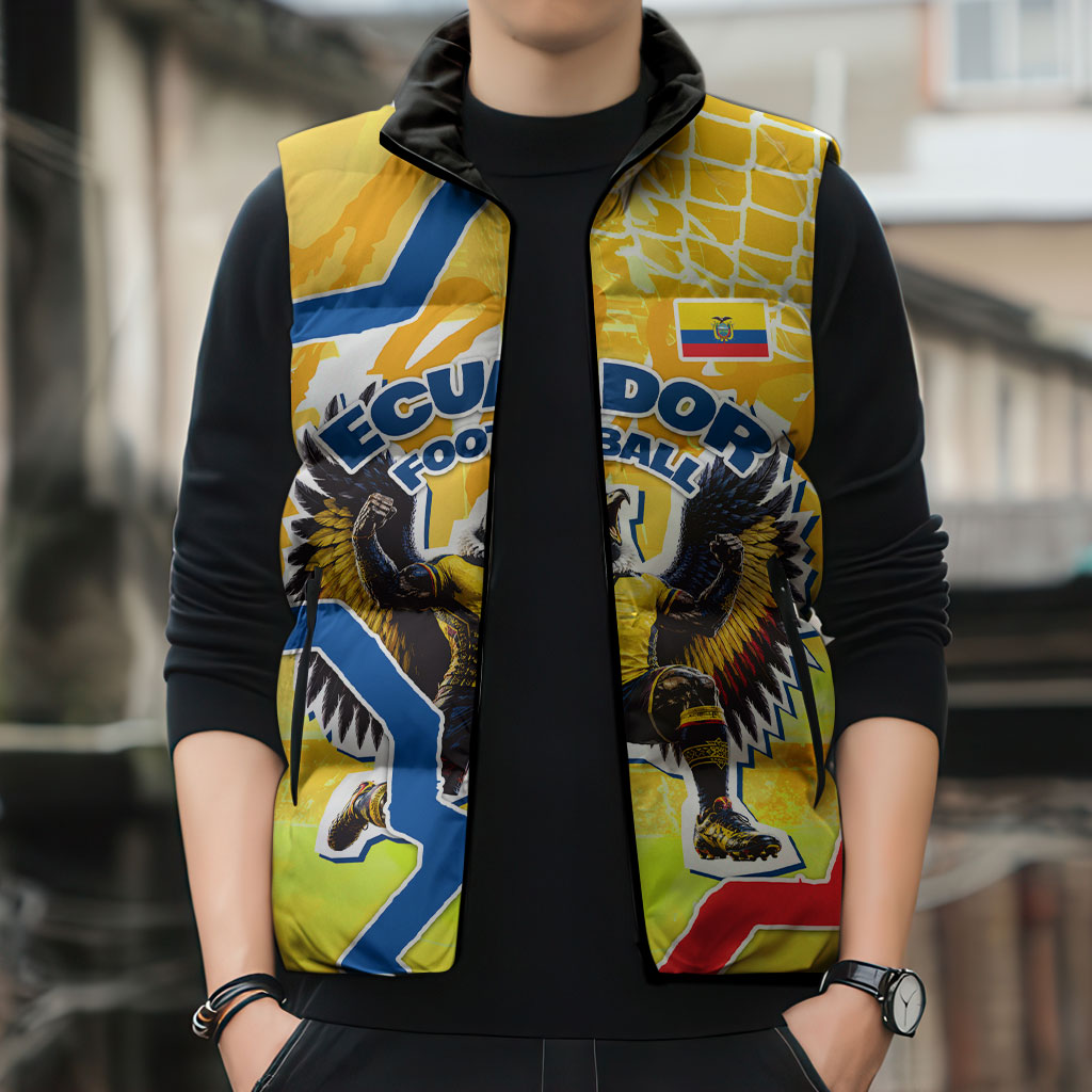 Personalized Ecuador Football Condor Mascot Sleeveless Puffer Jacket Golden Wings of La Tri